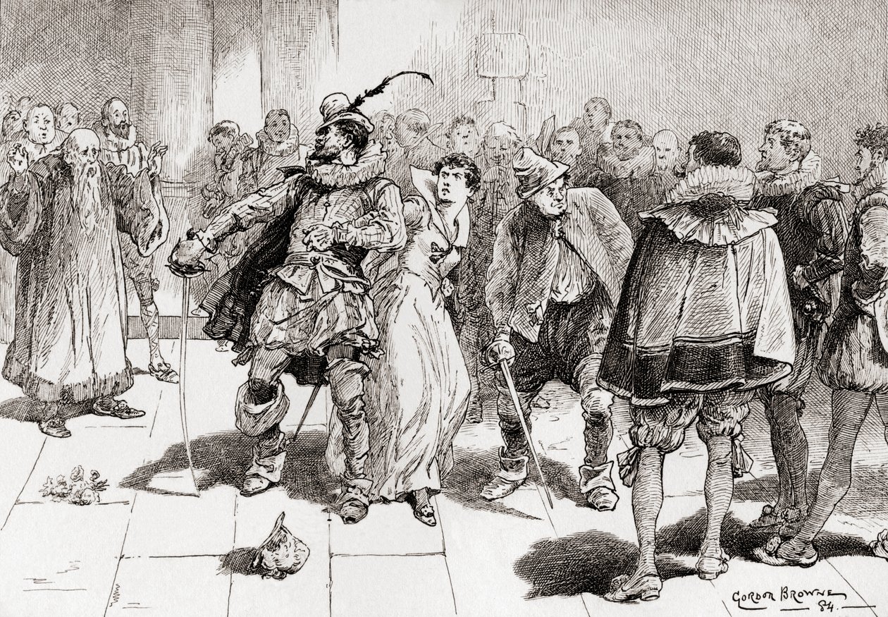 Petruchio: Wees niet bang, lieve meid, ze zullen je niet aanraken Kate, ik zal je beschermen tegen een miljoen, scène uit William Shakespeares toneelstuk De Getemde Feeks, Act III, Scene 2, uit De Werken van William Shakespeare, gepubliceerd 1896 door Gordon Frederick Browne