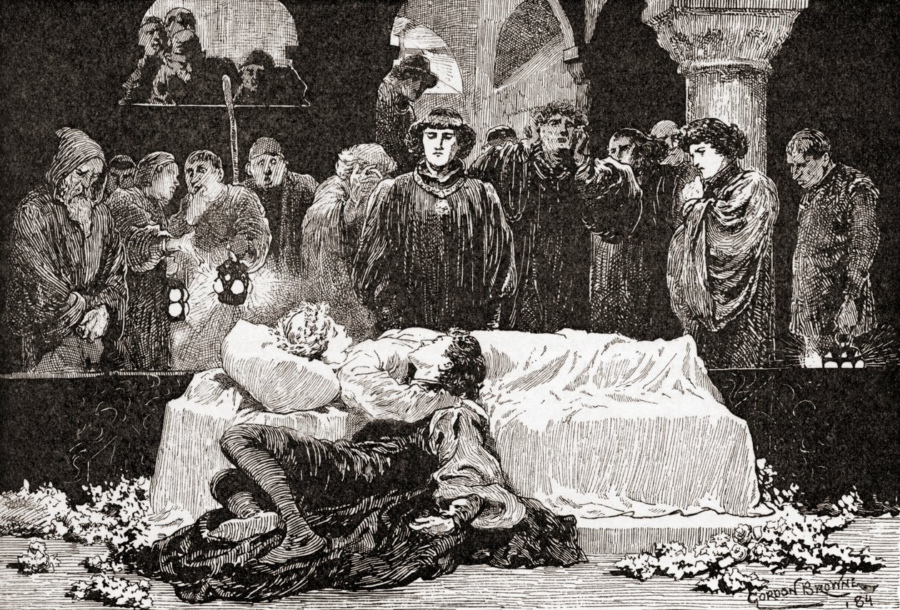 Prins: Want nooit was er een verhaal van meer verdriet dan dit van Julia en haar Romeo, een scène uit William Shakespeares toneelstuk Romeo en Julia, Act V, Scene 3, uit De Werken van William Shakespeare, gepubliceerd 1896 door Gordon Frederick Browne