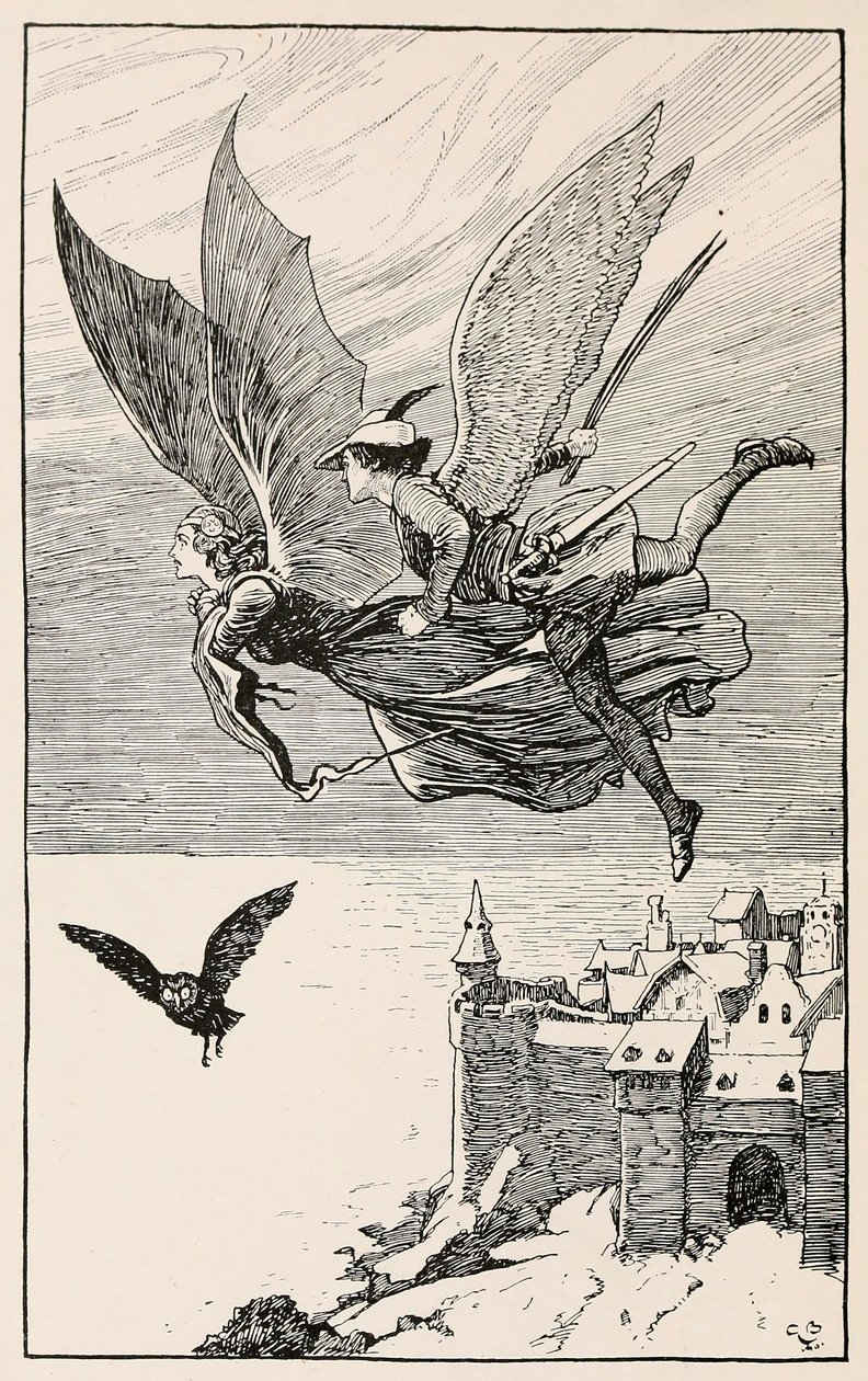 De reisgenoot vloog achter haar aan, uit Sprookjes van Hans Anderson, pub 1919 door Gordon Browne