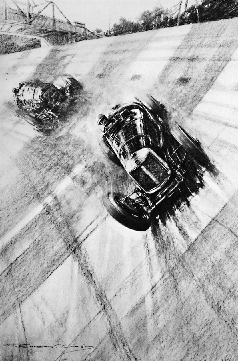 Whitney Straight Maserati bij de Members Bridge bocht, Brooklands, 1933 door Gordon Crosby