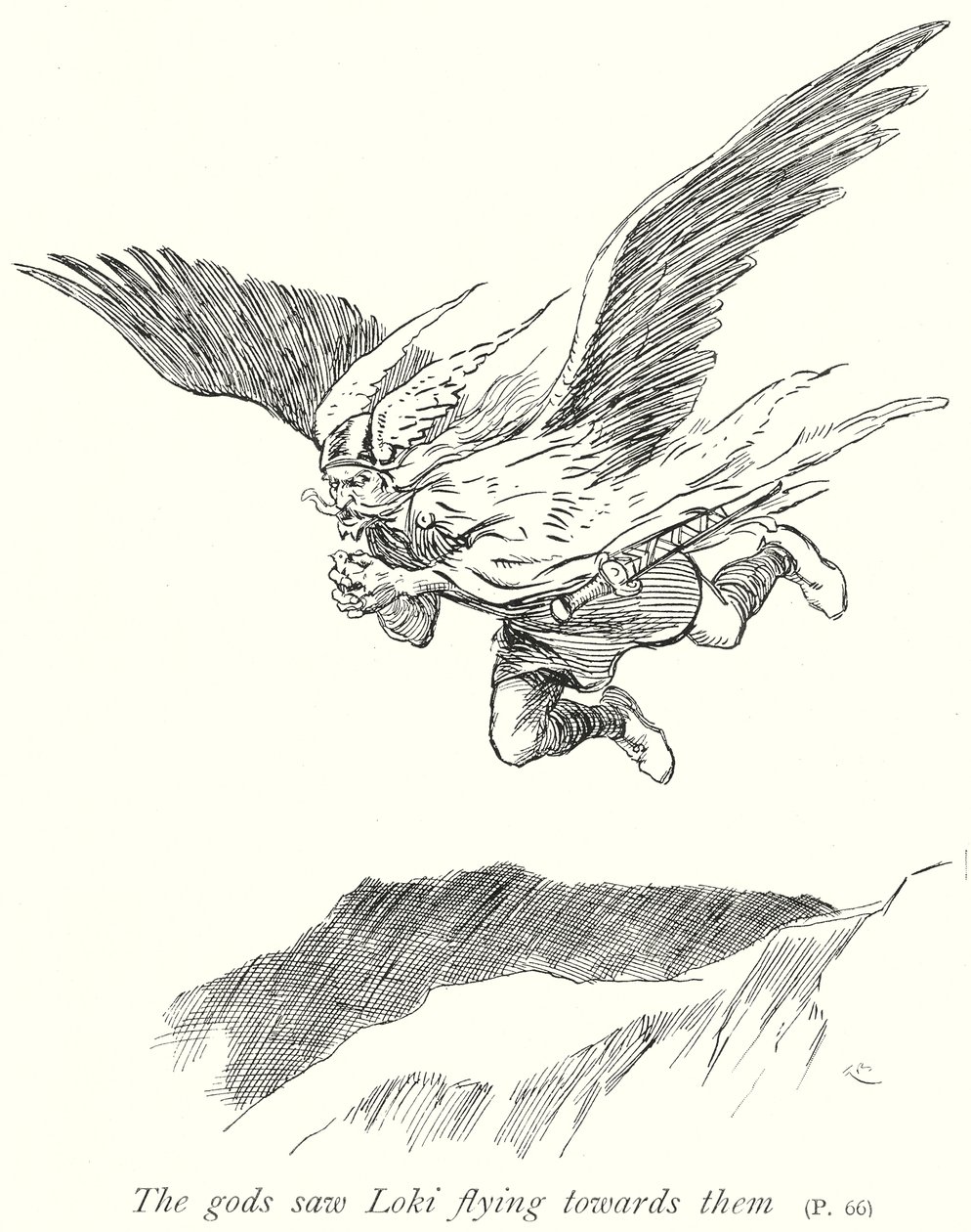 De Goden zagen Loki naar hen toe vliegen (litho) door Gordon Frederick (after) Browne