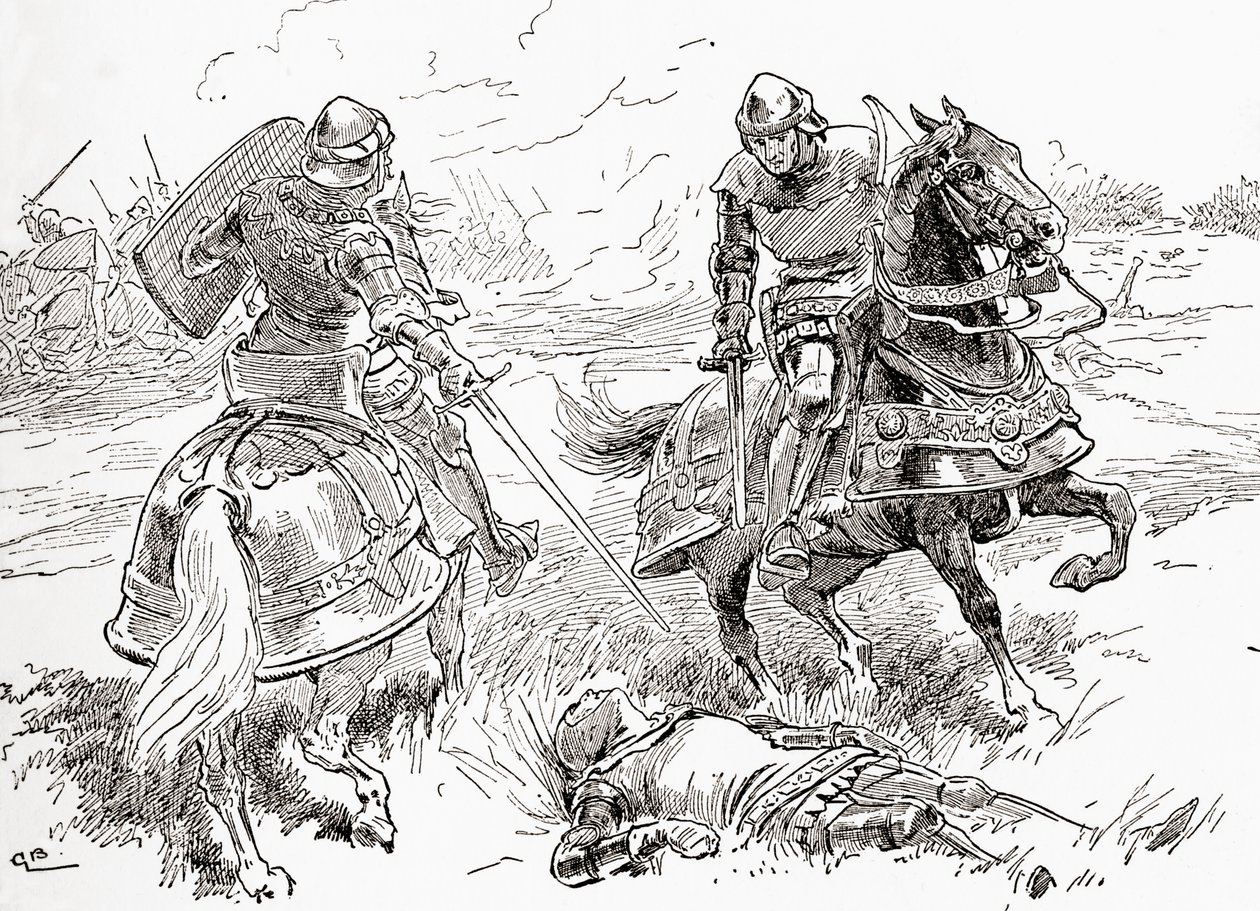 Een scène uit William Shakespeares toneelstuk Henry IV, Deel 1, Act V, Scene 3, Graaf van Douglas: Alles is gedaan, alles is gewonnen, hier ligt de koning ademloos, uit De Werken van William Shakespeare, gepubliceerd 1896 door Gordon Frederick Browne