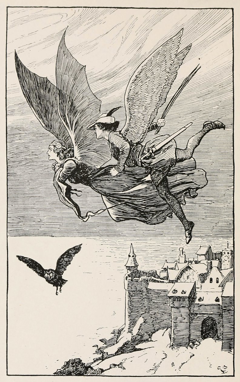 De reisgenoot vloog achter haar aan, uit Sprookjes van Hans Andersen, uitgegeven 1919 (gravure) door Gordon Frederick Browne