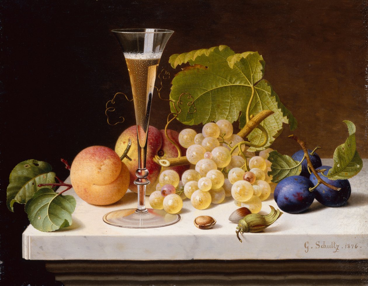 Druiven, Perziken, Pruimen, Noten en een Glas Champagne op een Marmeren Rand door Gottfried Schultz