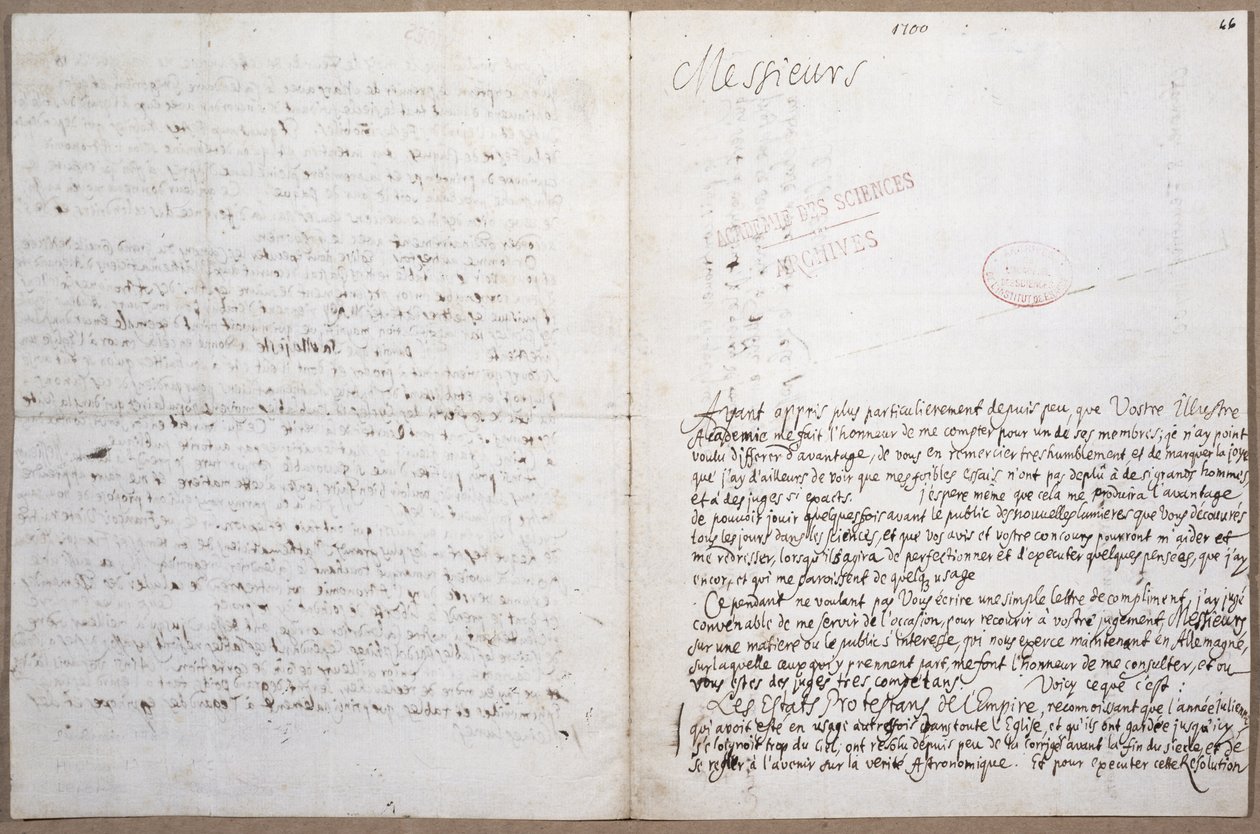 Eerste pagina van een brief geschreven door Leibniz over zijn toelating tot de Academie des Sciences in Parijs, 8 februari 1700 door Gottfried Wilhelm Leibniz