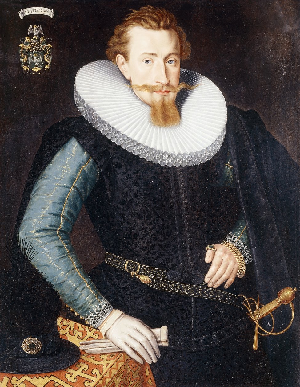 Portret van een heer, vijfentwintig jaar oud, driekwart lengte, in een zwart dubbelt met turquoise en gouden mouwen en een witte kraag, bij een gedrapeerde tafel door Gotthardt von Wedig