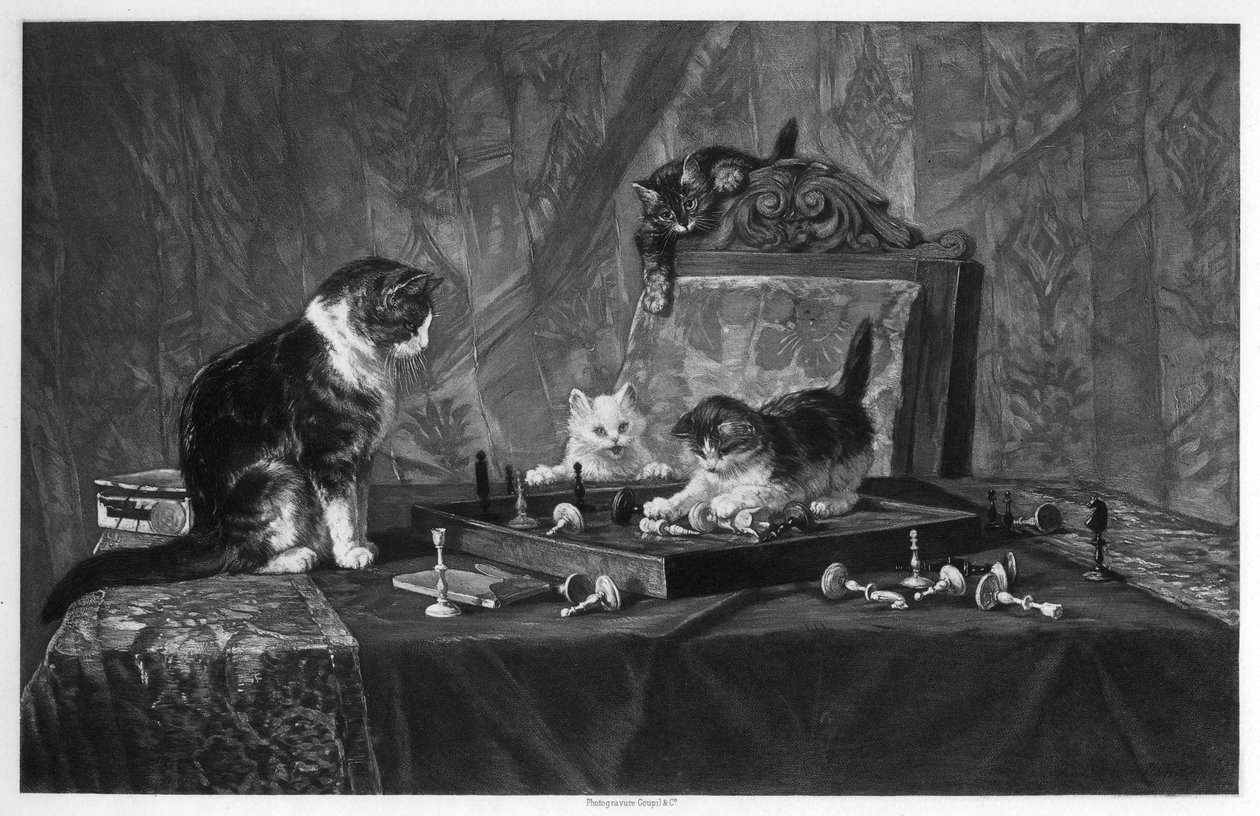 Katten spelen met een schaakbord door Goupil and Co