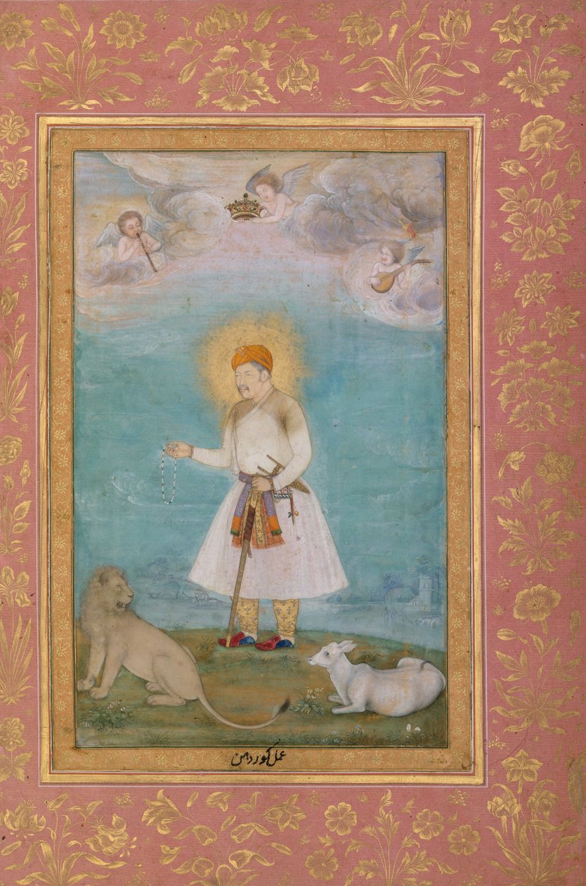 Akbar met leeuw en kalf door Govardhan