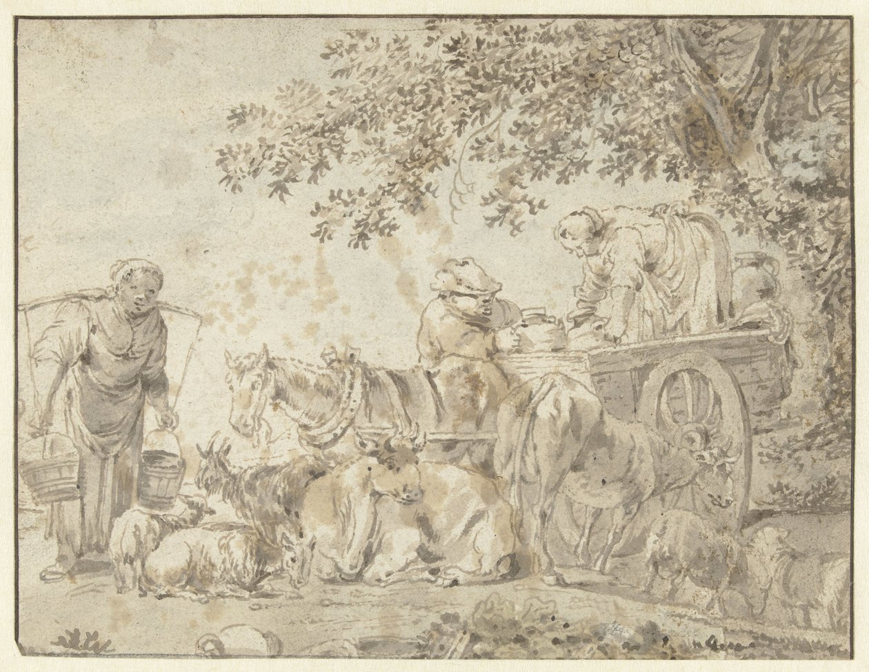 Boeren en vee bij een boerenwagen door Govert Dircksz. Camphuysen (possibly)