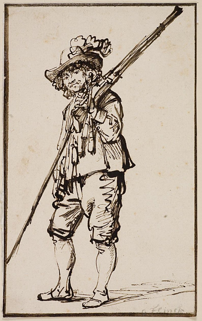 Een staande soldaat met een musket over de schouder door Govert Flinck
