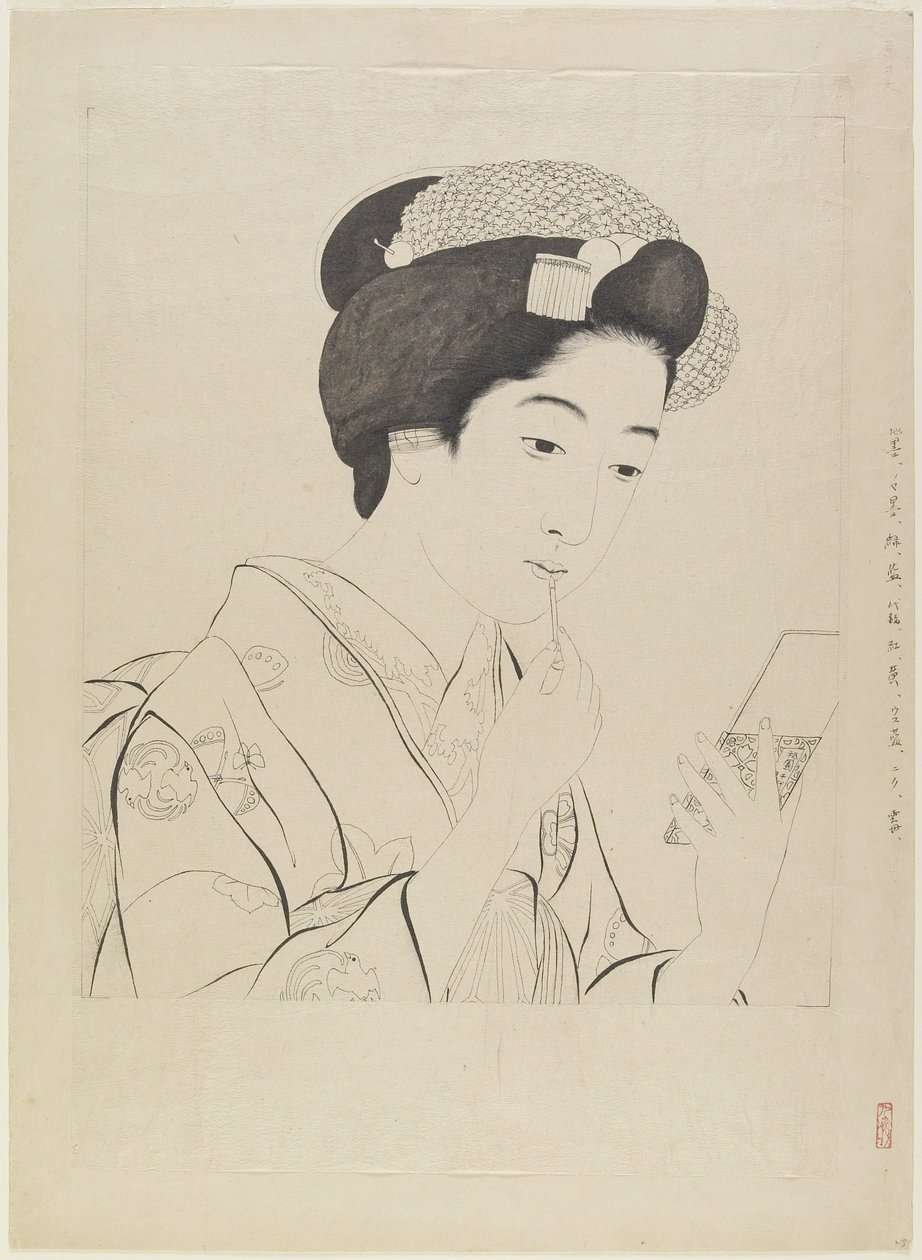 Inkttekening voor Vrouw met Lippenborstel, 1919 door Goyo Hashiguchi