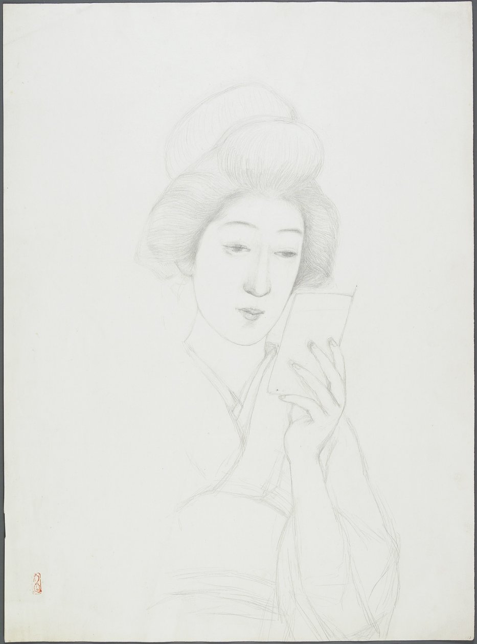 Tekening van een Vrouw die een Spiegel Vasthoudt door Goyo Hashiguchi