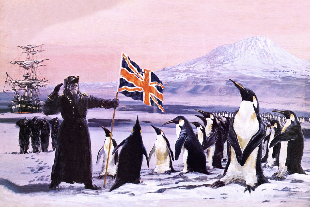 James Clark Ross plant de Union Jack in het Antarctische ijs in 1840 door Graham Coton