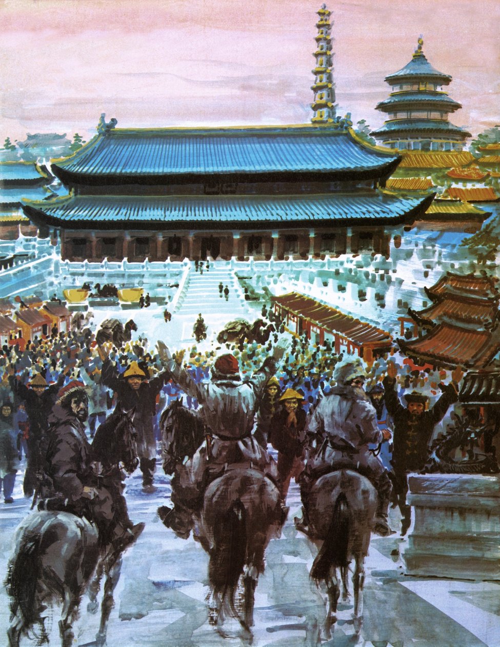 Marco Polo, met zijn vader en oom, nadert het paleis van de Grote Khan, 20e eeuw (litho) door Graham Coton