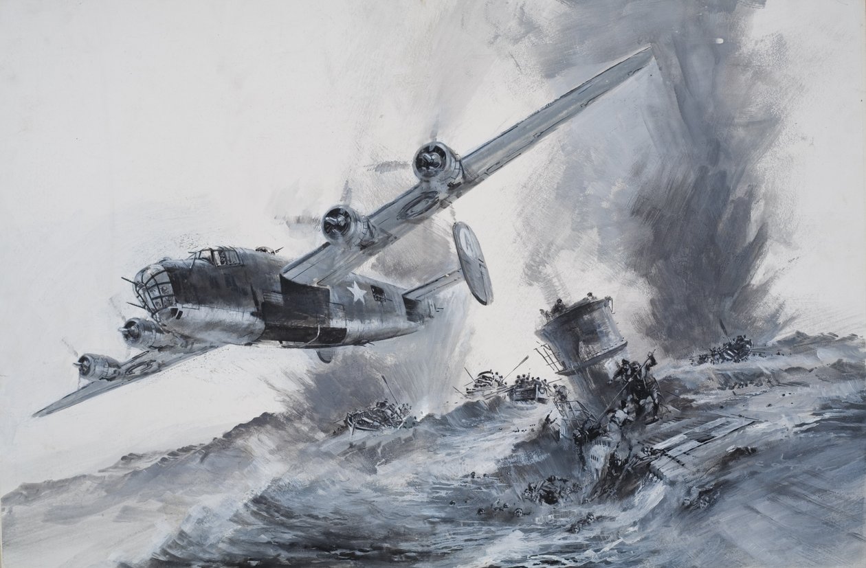 Het zinken van de Laconia in 1942 (gouache op papier) door Graham Coton