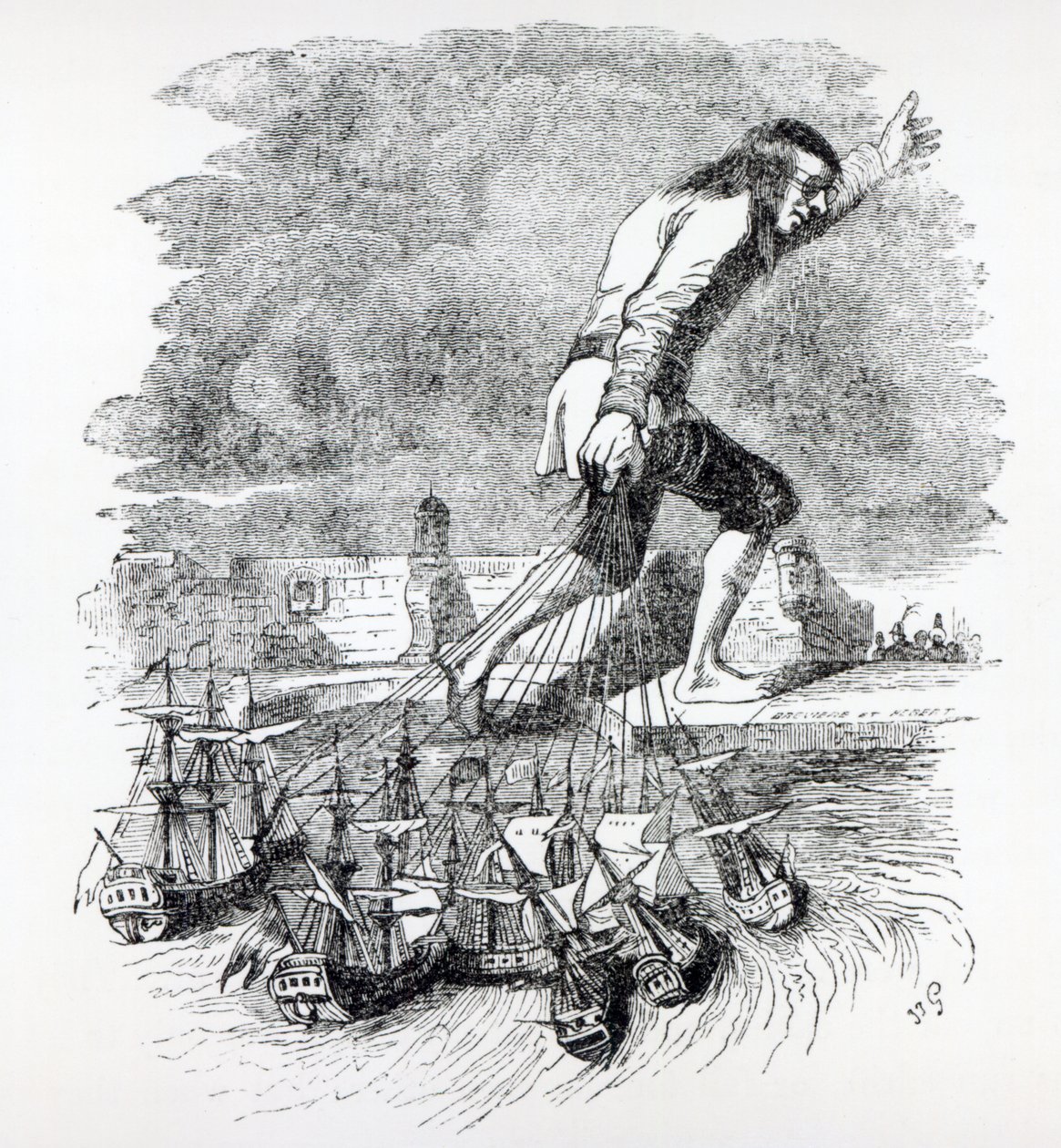 Gulliver steelt de Blefuscudiaanse vloot, illustratie uit 