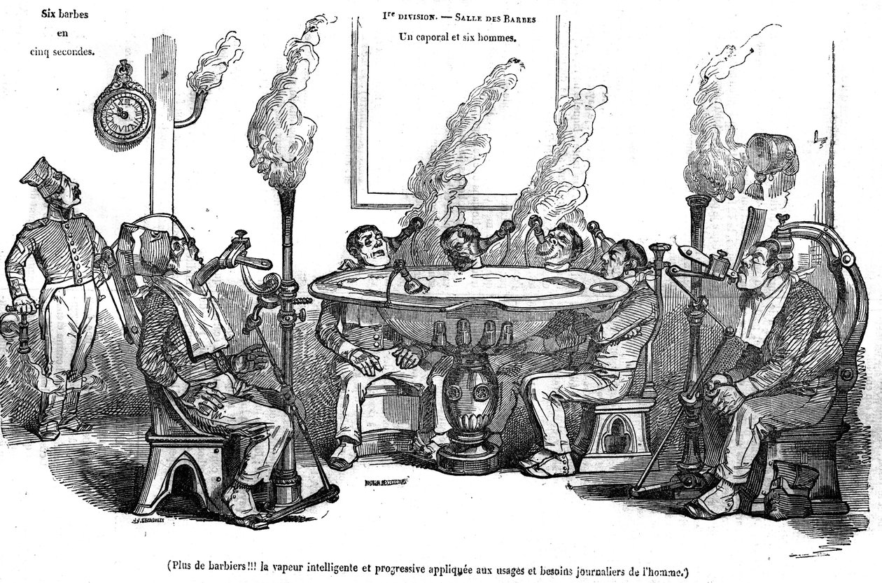 Spotprent van Grandville die een korporaal en zijn mannen afbeeldt in de Salle des Barbes, zittend met een stoommachine die hen scheert zonder de hulp van een barbier. In 