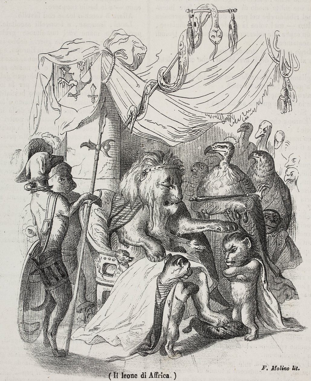 Leeuw van Afrika, karakter uit verhaal van Afrikaanse Leeuw en drie jonge leeuwen, lithografie door Filippo Molino naar tekening van Jean-Jacques Grandville door Grandville