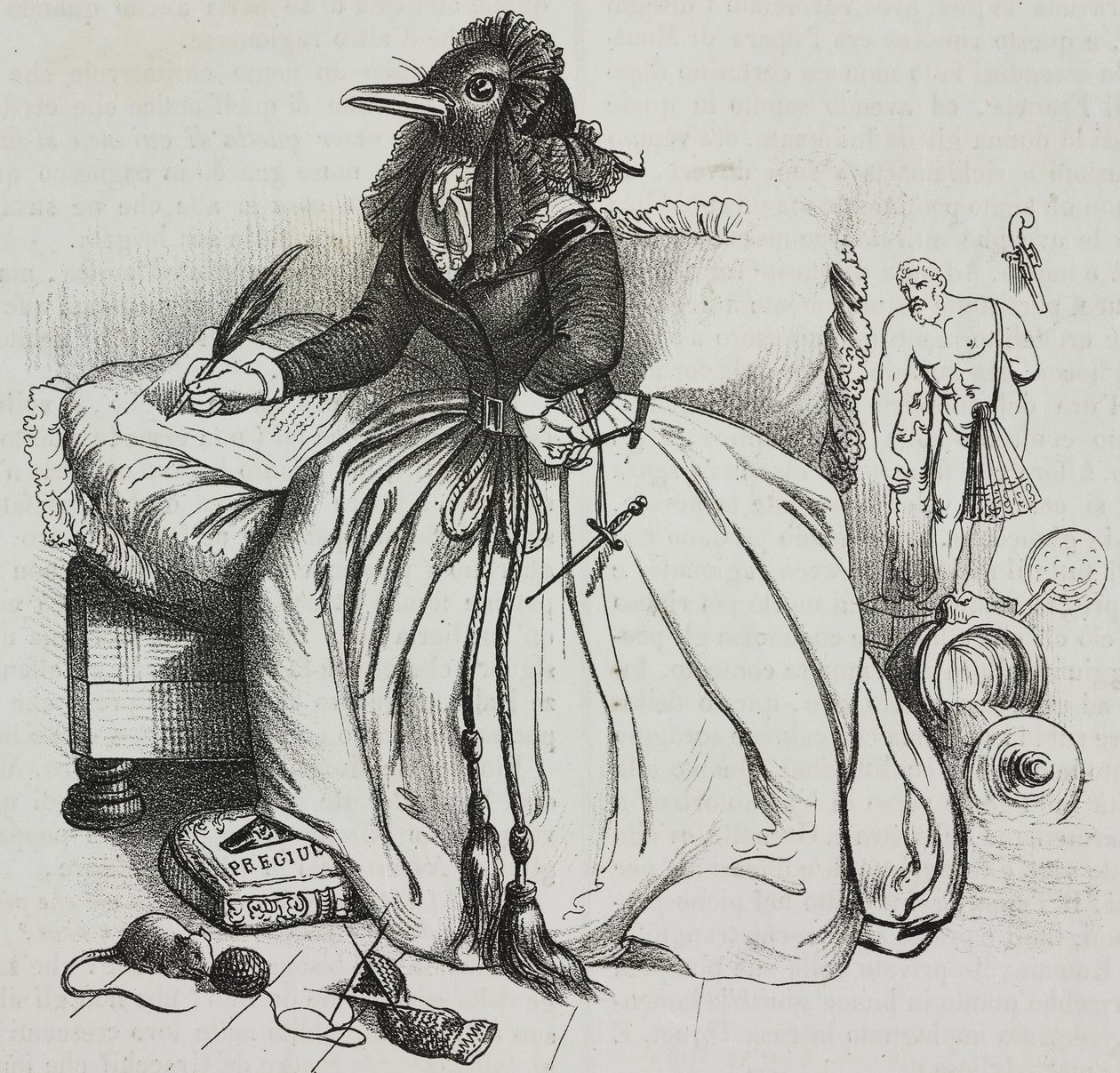 Geleerde vrouw, karikatuur door Jean-Jacques Grandville (1803-1847), lithografie door Giovanni Mariani uit Poliorama Pittoresco, nr. 18, 11 december door Grandville
