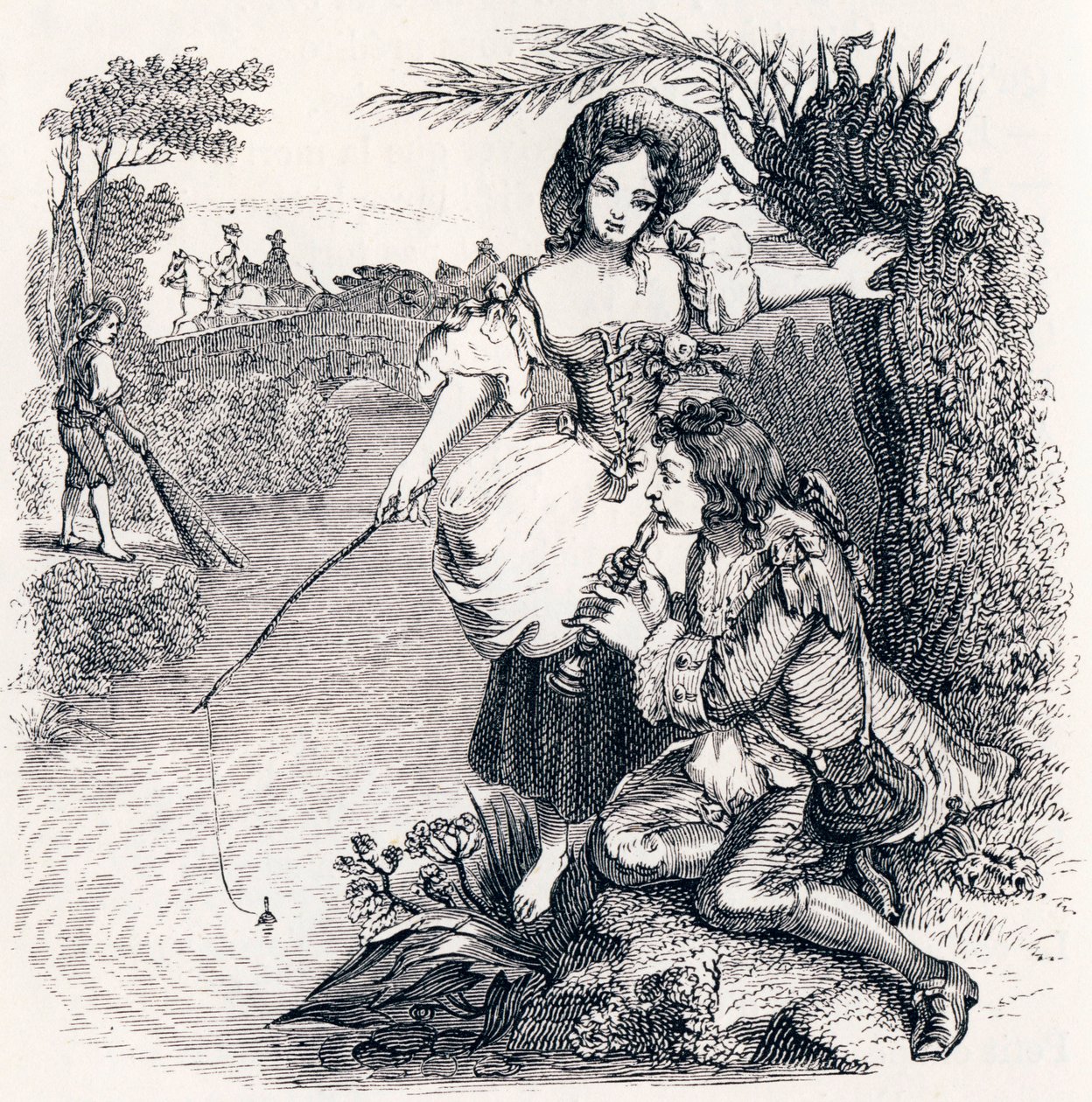 De vissen en de herder die fluit speelt - Fabels van La Fontaine door Grandville