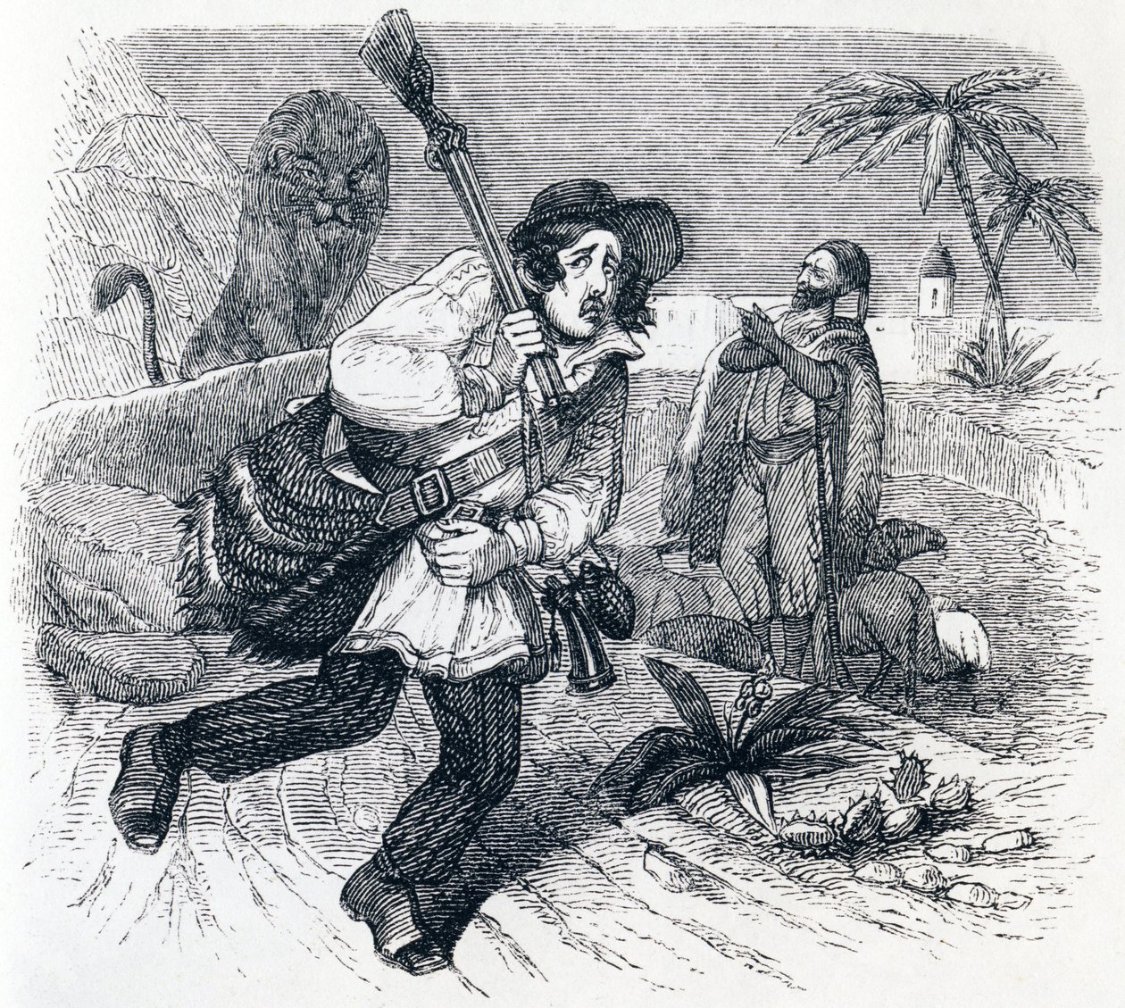 De leeuw en de jager - Fabels van La Fontaine door Grandville