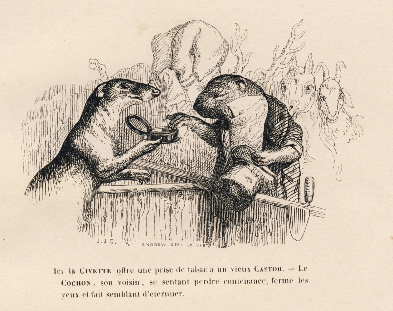 Een civetkat biedt een oude bever een snuifje tabak aan, het varken achter hem probeert zich in te houden. Vignetten geïllustreerd door JJ Granville. Gravure gesigneerd door Andrew Best en Leloir in het proloog getiteld 