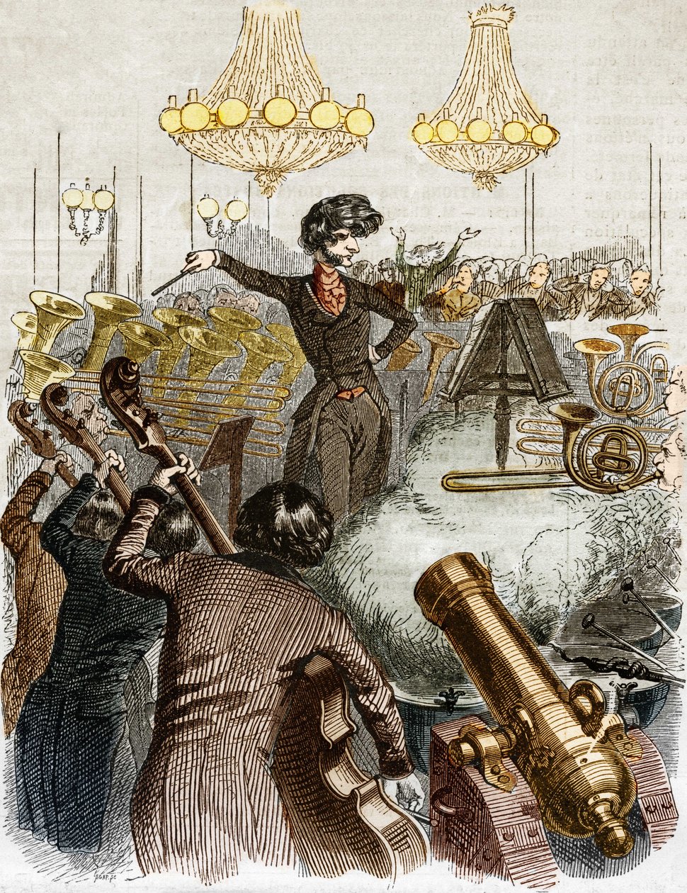 Een concert heeft een machinegeweer. Cartoon door Hector Berlioz die een orkest dirigeert. In 