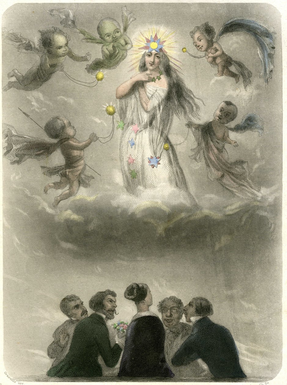 Allegorie van een jonge vrouw omringd door 4 zuchters, die zichzelf vergelijkt met een planeet waar vier satellieten omheen draaien, waarvan er één haar zon zal worden. Grandville gravure ter illustratie van een hoofdstuk in Mery