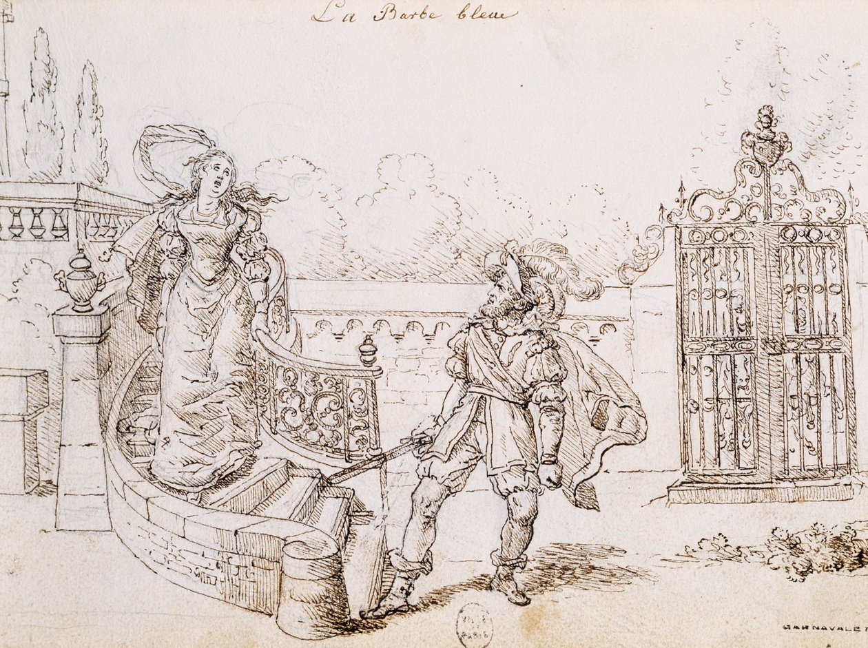 Blauwbaard, illustratie voor sprookje van Charles Perrault (1628-1703), gravure door Grandville (1803-1847) door Grandville