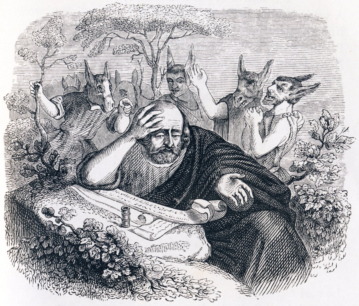 Democritus (460-370 v.Chr.) en de Abderitans. (Brief van Hippocrates) - Fabels van La Fontaine door Grandville