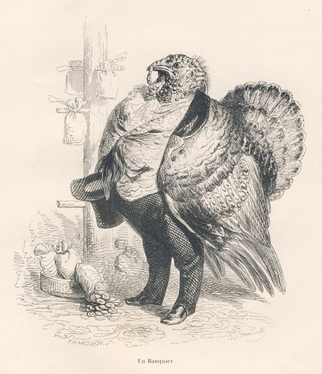Kalkoen als bankier. Geïllustreerde vignetten door JJ Granville. Gravure gesigneerd Tamisier in het deel "Herinneringen van een oude kraai" geschreven door PJ Stahl in "Scènes uit het privé- en openbare leven van dieren". Parijs, J. Hetzel en Paulin door Grandville