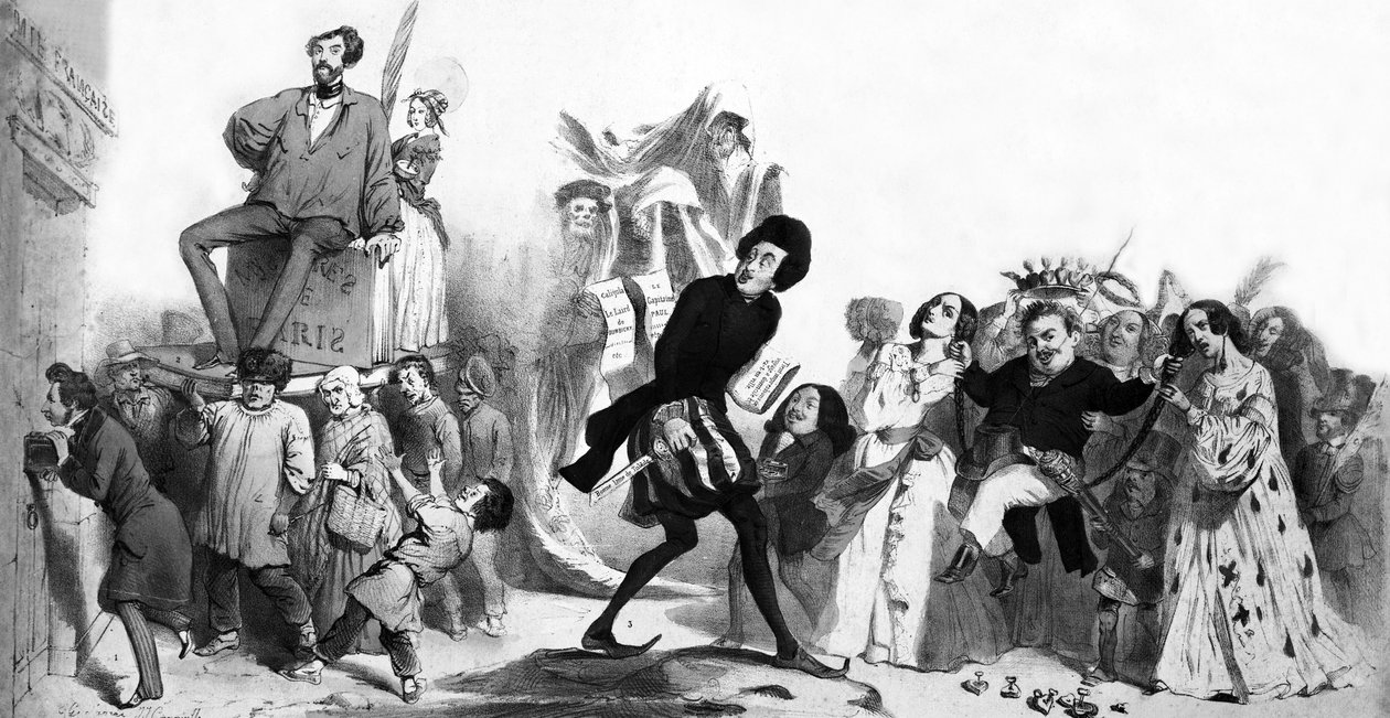 Franse romantische schrijvers (Alfred de Vigny, Victor Hugo, Alexandre Dumas de Oudere, Honoré de Balzac) willen de Franse Academie binnengaan maar de deuren zijn gesloten, gravure door Grandville (1803-47)