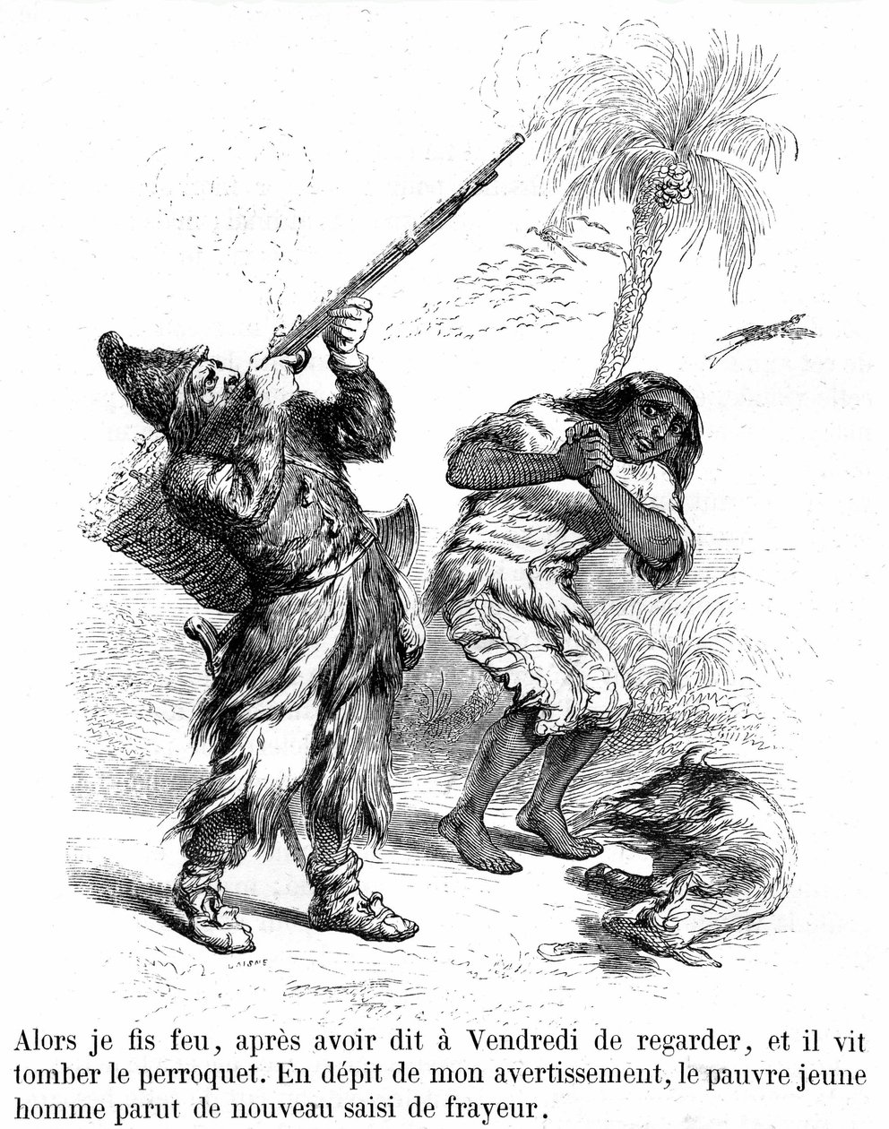 Illustratie van de roman Robinson Crusoe door Daniel Defoe door Grandville - editie Garnier 1869 p193. Robinson schiet met een geweer voor de angstige Vrijdag. door Grandville (1803 47)