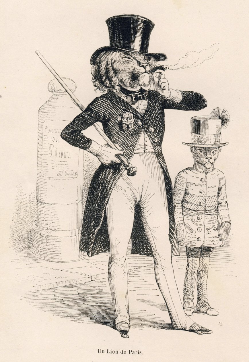 Leeuw van Parijs. Geïllustreerde vignetten door JJ Granville. Gravure gesigneerd Andrew, Best en Leloir in het deel "Reis van een leeuw uit Afrika naar Parijs" geschreven door Honore de Balzac in "Scènes uit het privé- en openbare leven van dieren". Parijs door Grandville