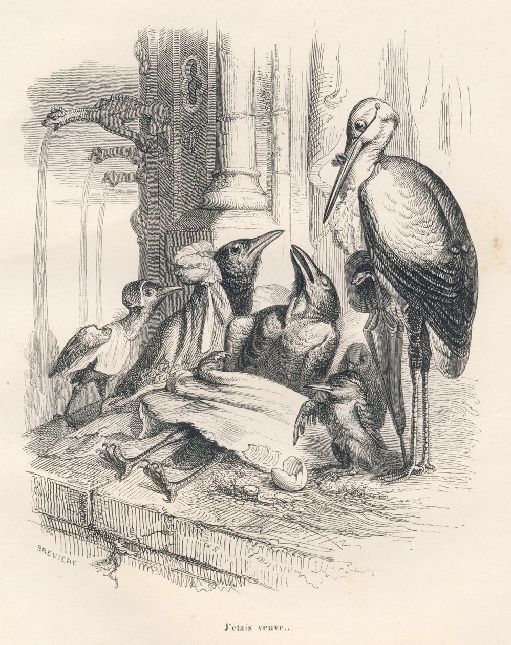 Dood van een kraai naast zijn familie en een ooievaar. Vignetten geïllustreerd door JJ Granville. Gravure gesigneerd Breviere in het deel getiteld "Herinneringen van een oude kraai" geschreven door PJ Stahl in "Scènes uit het privé- en openbare leven van d door Grandville