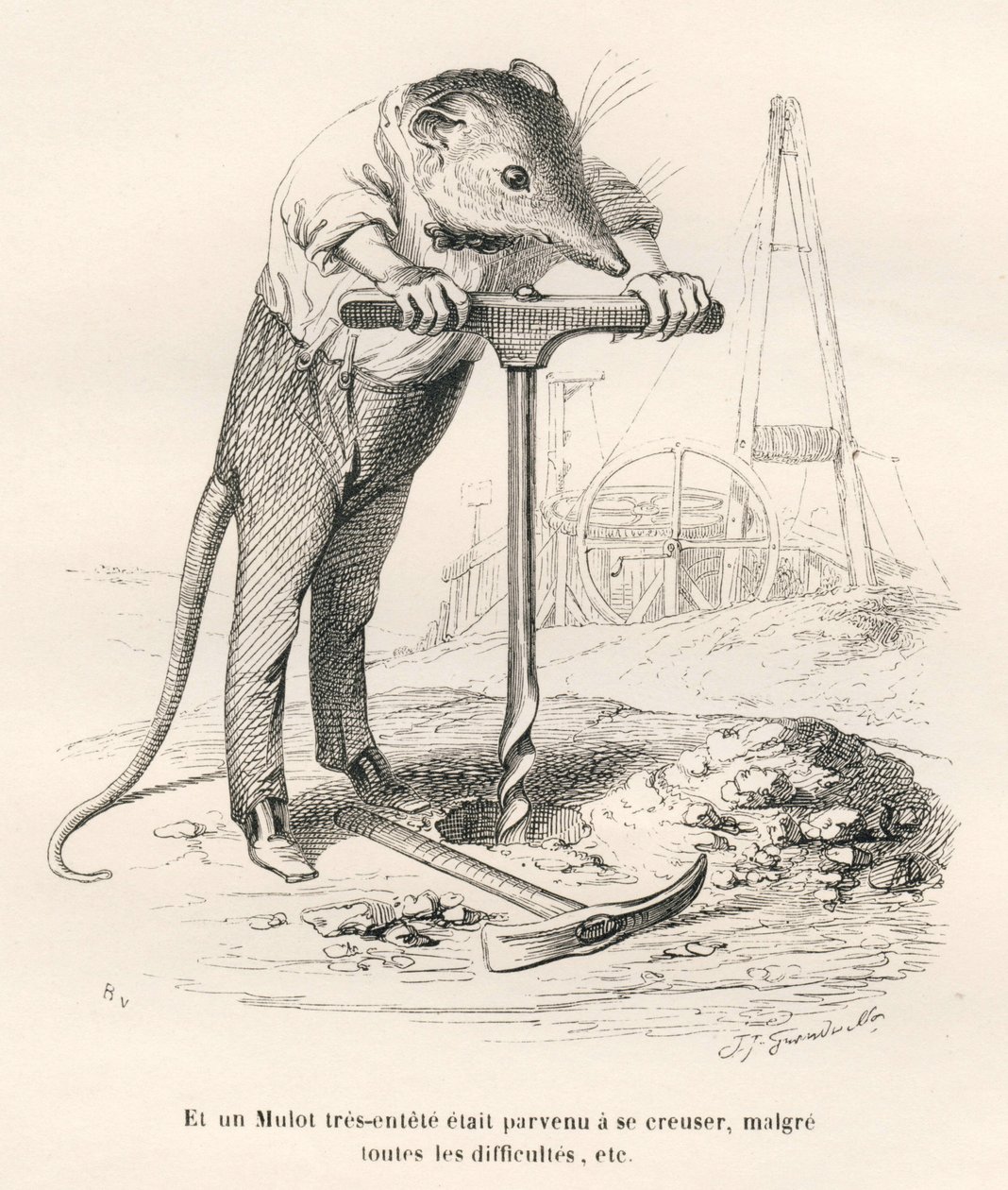 Muis die de grond doorboort. Vignetten geïllustreerd door JJ Granville. Gravure gesigneerd Breviere in het deel 