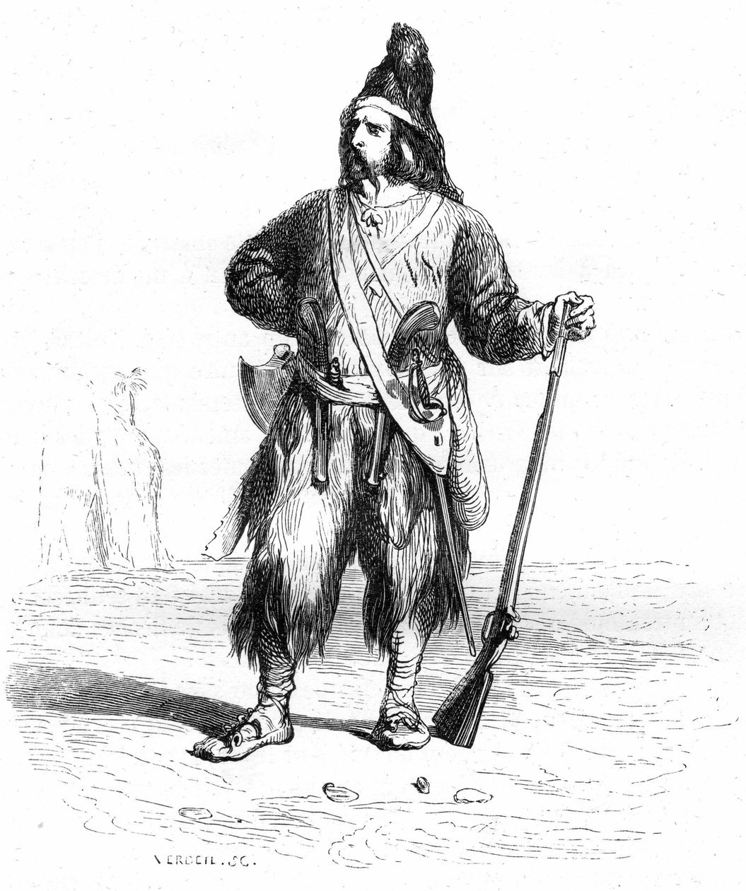 Portret van Robinson Crusoe op zijn verlaten eiland met zijn geweer en zijn bijpassende wapens aan de riem - Grandville illustratie van Daniel Defoe