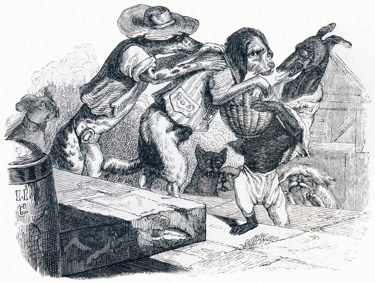 De hond die de mond van zijn meester om zijn nek draagt - Fabels van La Fontaine door Grandville