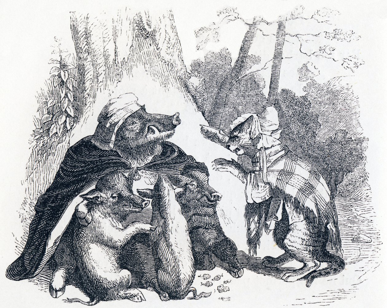 De adelaar, het wilde zwijn en de kat - Fabels van La Fontaine door Grandville