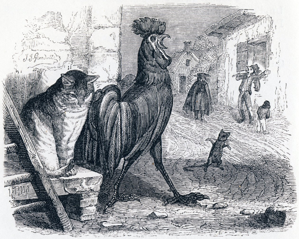 De haan, de kat en de muis (Le cochet, le chat et le souriceau) - Fabels van La Fontaine door Grandville