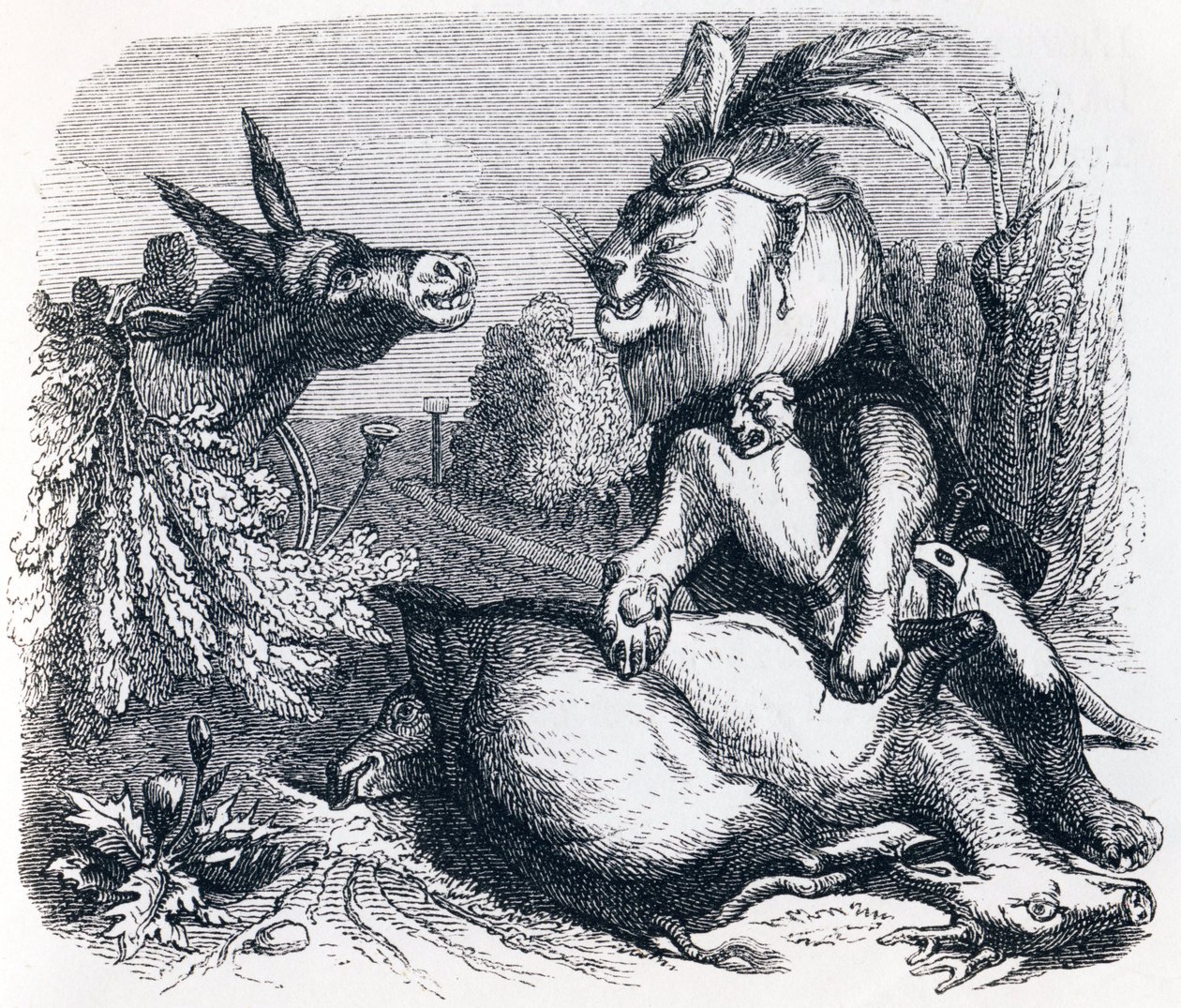 De leeuw en de ezel op jacht - Fabels van La Fontaine door Grandville