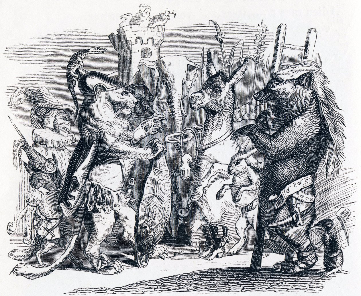 De leeuw die ten oorlog trekt - Fabels van La Fontaine door Grandville