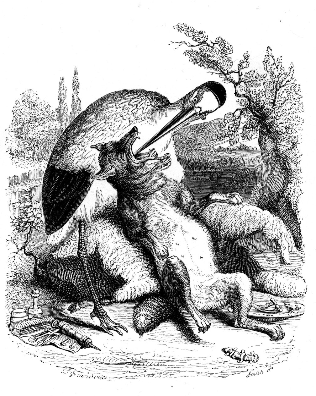 De wolf en de ooievaar: La Fontaine fabel geïllustreerd door Grandville. Editie Garnier 1860. De ooievaar wordt voorgesteld als een dokter (verkeerde beloningen voor zijn toewijding!) door Grandville (1803 47)