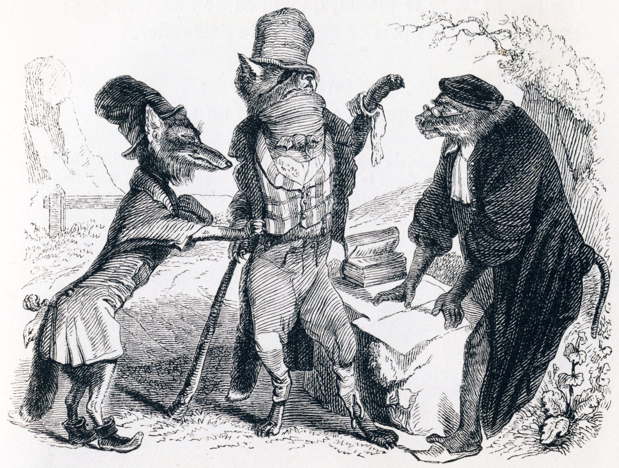 De wolf die tegen de vos pleit voor de aap - Fabels van La Fontaine door Grandville