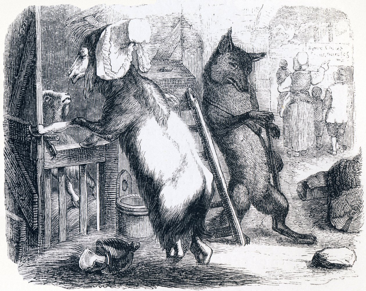 De wolf, de geit en het geitje (Le loup, la chevre et le chevreau) - Fabels van La Fontaine door Grandville