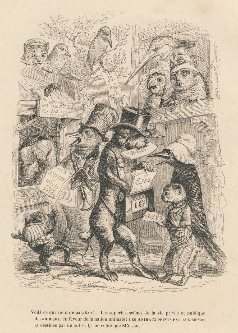 Dit is net verschenen. Kat en vogel verkopen het huidige boek voor zes sous. Vignetten geïllustreerd door JJ Granville. Gravure gesigneerd door Andrew, Best en Leloir in het proloog getiteld 