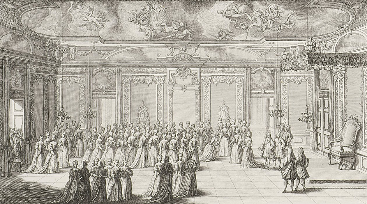 De audiëntiezaal tijdens de ontvangst van de bruid in het paleis van Dresden op 2 september 1719 door Gérard II Scotin