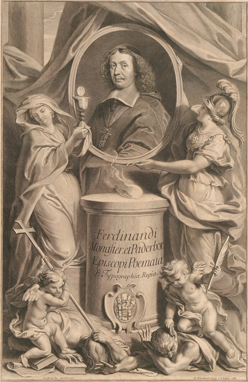 Twee vrouwelijke figuren, Religie en Wijsheid, houden het borstbeeld van Ferdinand van Fürstenberg vast, terwijl hun genieën Ketterij en Onwetendheid aan hun voeten vertrappen. door Gérard Edelinck