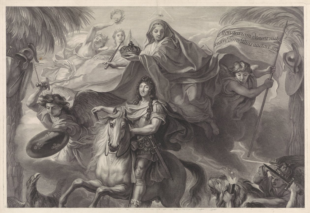 Allegorisch ruiterportret van Lodewijk XIV, koning van Frankrijk door Gérard Edelinck