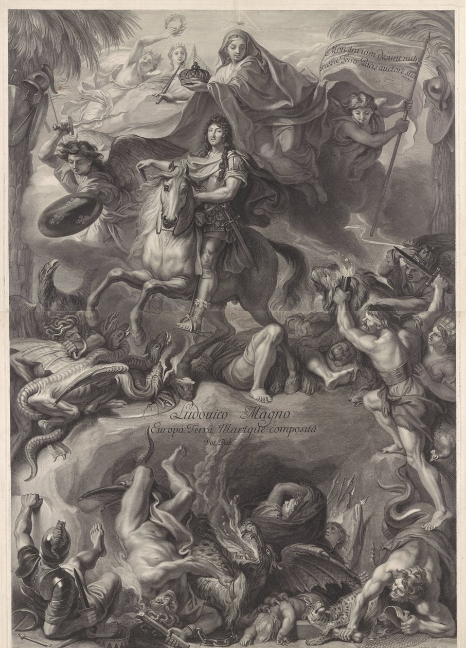 Allegorisch ruiterportret van Lodewijk XIV, koning van Frankrijk door Gérard Edelinck
